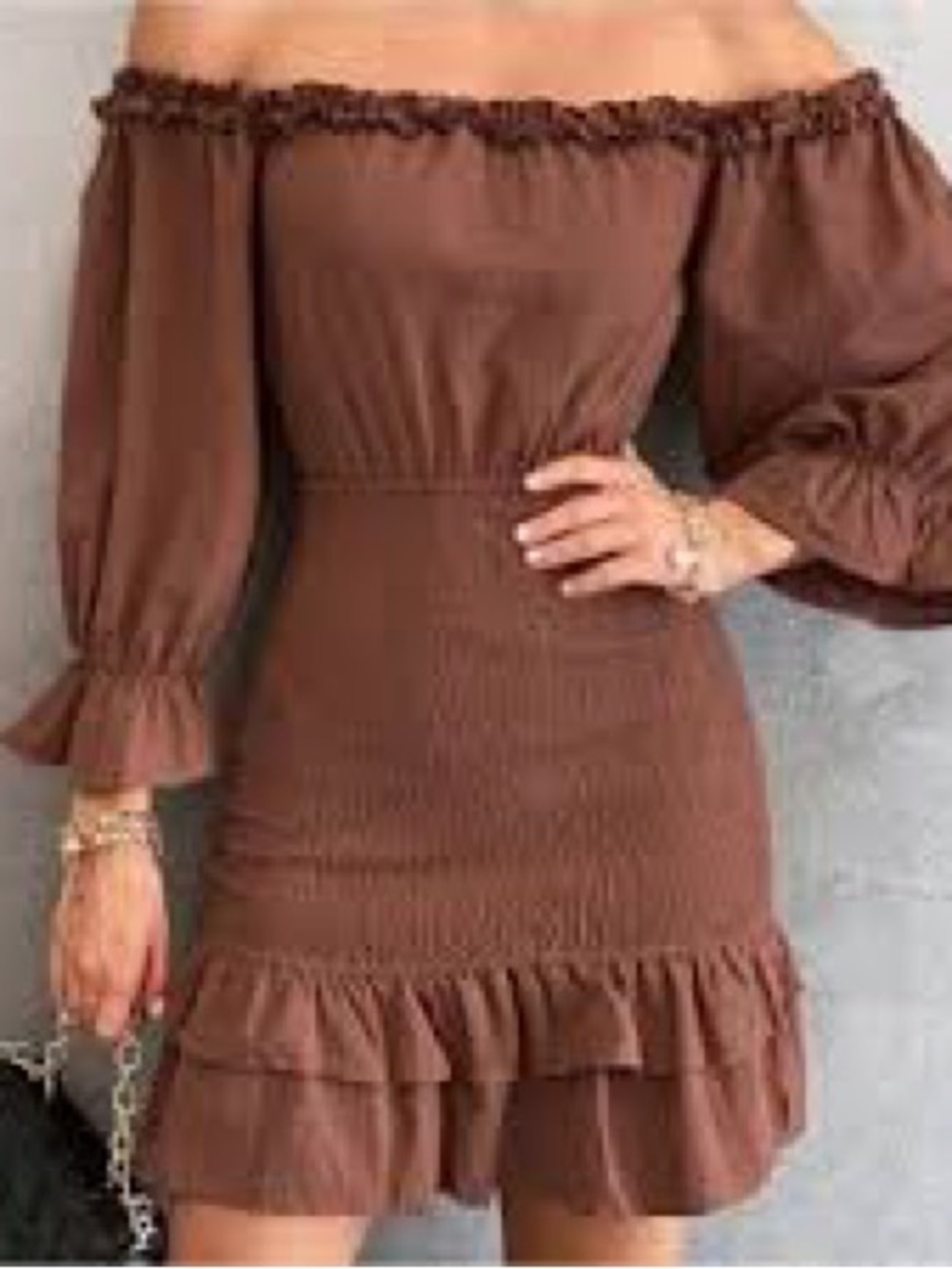Petal & Pup Off-Shoulder Brown Ruffle Dress